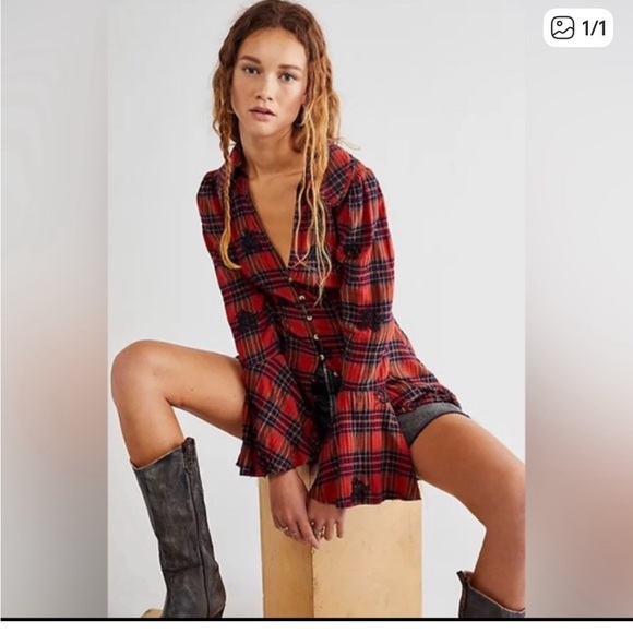 Free People Ezra Embroidered Red Plaid Bell Sleeve Top - Picture 2 of 8
